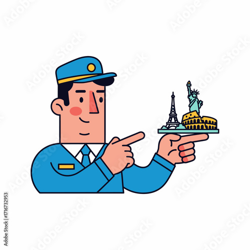 Friendly travel agent presenting miniature famous world monuments, inviting you to explore iconic international destinations and plan your dream vacation