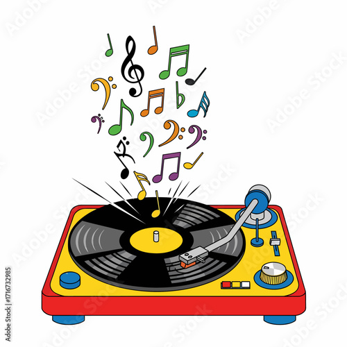 Colorful illustration of a vintage record player with notes, embodying the concept of music joy and creative sound