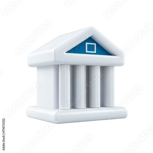 A minimalist 3d illustration of a white bank building with blue accents, symbolizing finance, banking, and financial institutions, isolated on a transparent background