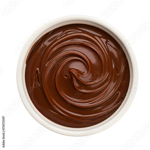 Top view of a white ceramic bowl filled with glossy chocolate cream, rich texture with elegant swirl, isolated on transparent background, realistic food photography, overhead shot