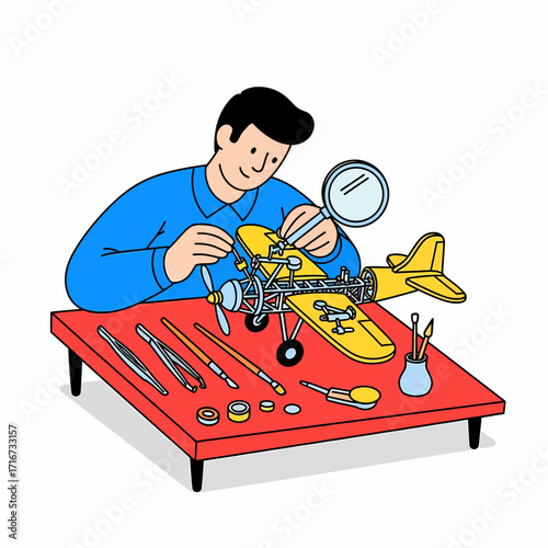 Man meticulously assembles a model airplane, showcasing precision and detail in his hobby
