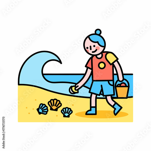 Child Collecting Shells on the Beach, Cartoon Illustration
