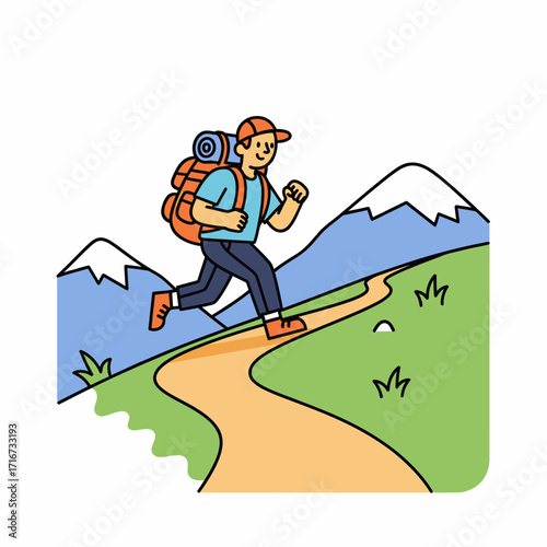 Man hiking in mountains with backpack, enjoying nature and outdoor activities on a scenic trail