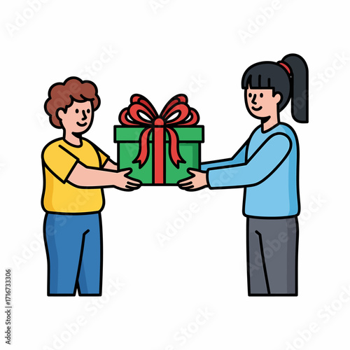 Cartoon illustration showing the joy of giving, as a friendly boy hands a large gift box with a red bow to a happy girl