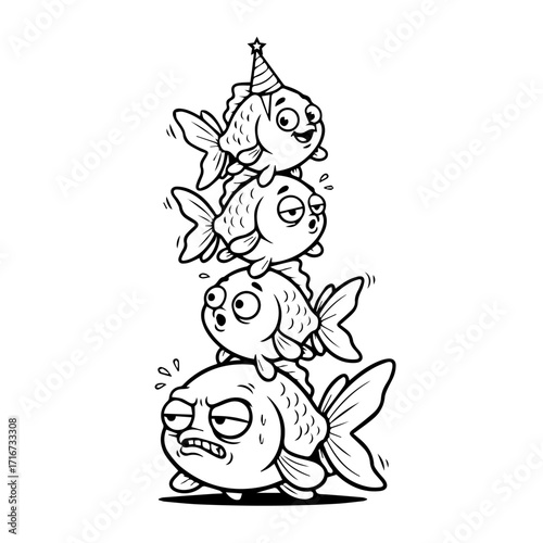 Funny stack of four cartoon fish wearing a party hat and looking exhausted