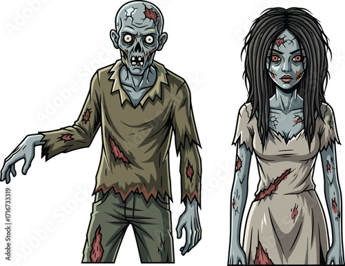 zombie, undead, horror, couple, glowing eyes, blood stains, monster, scary, Halloween, creepy, infected, vector
