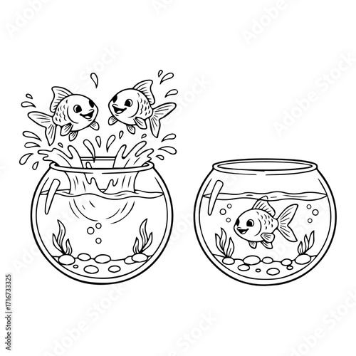 Two simple line art drawings of fish in round glass bowls with aquatic plants and bubbles