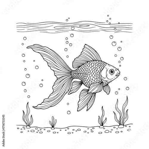 Black and white sketch of a goldfish swimming in a square frame surrounded by bubbles and abstract water elements