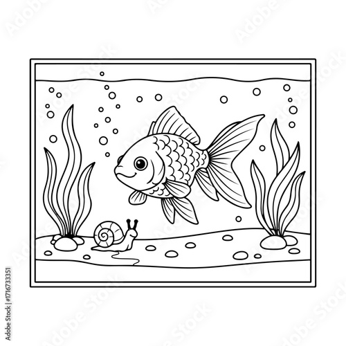 Whimsical black and white line drawing of a cute goldfish swimming in a simple aquarium with plants and a snail