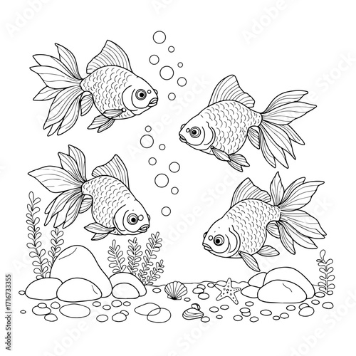 Whimsical line art illustration of two goldfish swimming among bubbles and aquatic plants