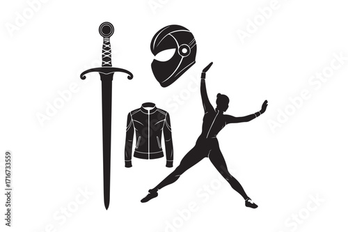 Silhouette of a warrior with sword helmet and jacket