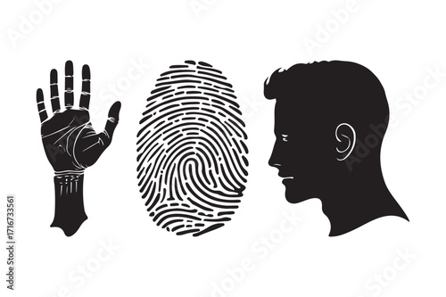 Biometric identification methods hand fingerprint and face silhouette