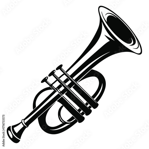 Black and white illustration of a trumpet musical instrument with valves and bell facing up