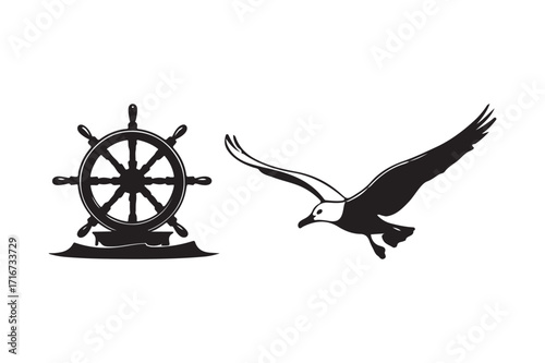 Nautical ship wheel and soaring eagle emblem
