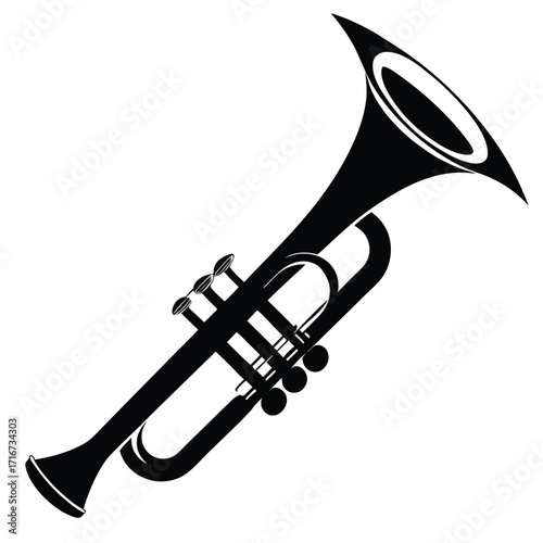 Graphic Black Trumpet Illustration Musical Instrument with Valves, Mouthpiece, and Flared Bell