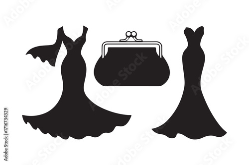 Elegant black evening gowns and clutch purse silhouette