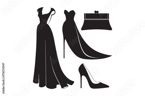 Elegant black evening gowns shoes and handbag fashion illustration