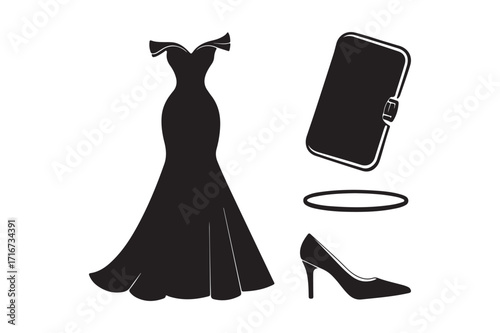 Elegant black evening gown and accessories silhouette