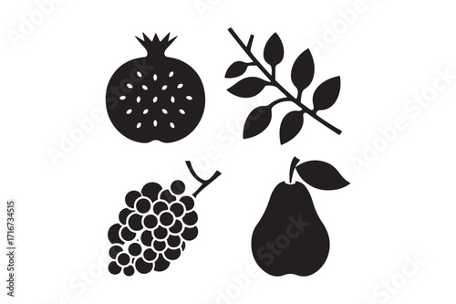Four silhouette fruits and branch pomegranate grapes pear and leaves