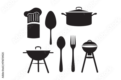 Culinary silhouette collection featuring chef hat utensils and grills