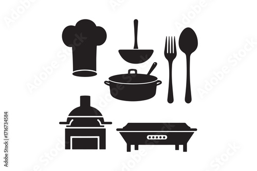Black silhouette collection of chef hat and cooking utensils