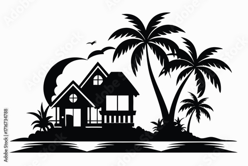 Black Silhouette Tropical Island Houses, Palm Trees, and Flying Birds Illustration Design