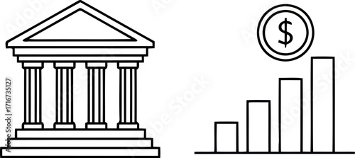 Bank building and growth chart with dollar coin icons representing financial success vector