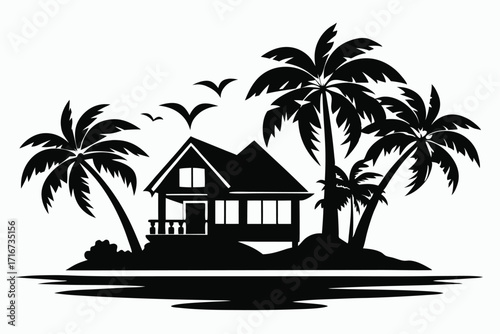 Silhouette of a Tropical Beach House With Palm Trees and Birds Flying Above
