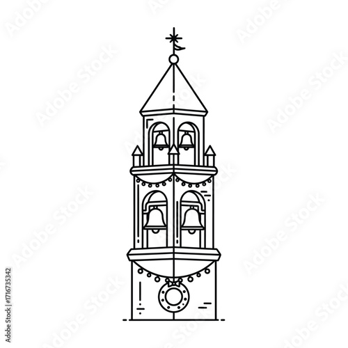 Stylized Outline Drawing of a Bell Tower with Decorative Garlands and Wreath
