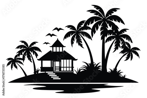Black Silhouette of Tropical Island with Hut, Palm Trees, and Birds in Flight