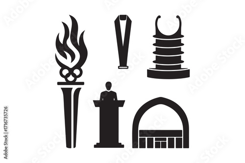 Collection of silhouette icons representing sports and architecture