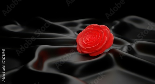 A Single Red Rose on Black Satin Fabric