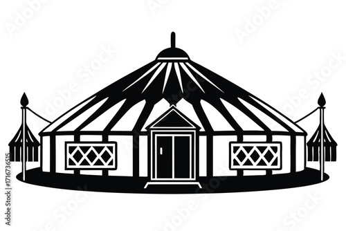 Striking Black and White Illustration of a Classic Circus Tent with Side Tents
