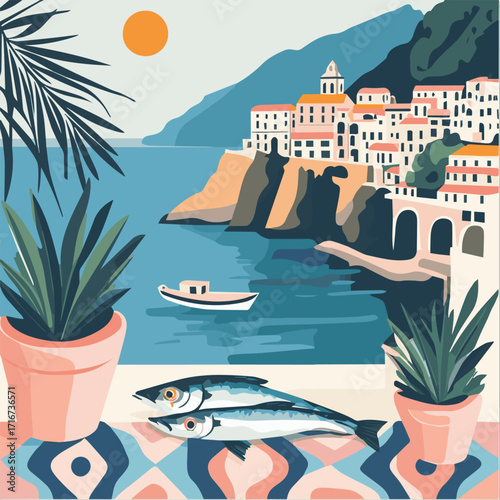 Summer Italy Vector illustration of Mediterranean style for poster