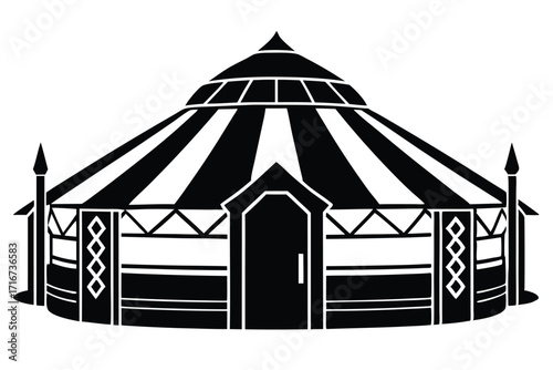 Black and White Illustration of a Traditional Tent with Stripes and Decorative Elements