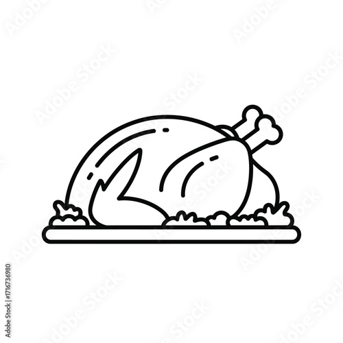 Outline Illustration of a Roasted Whole Chicken on a Serving Platter with Garnish
