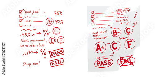 Educational assessment grades, pass and fail, with handwritten comments and percentage scores on white paper, perfect for educational and academic designs