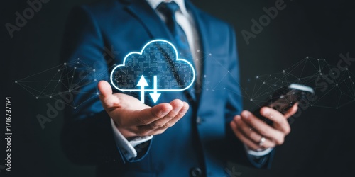 Cloud Technology at Hand: A man in a suit delicately presents a digitally rendered cloud icon, symbolizing cloud storage and the accessibility of digital data. A cutting-edge concept