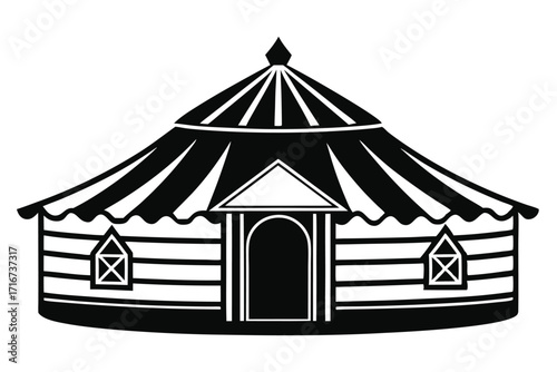 Black and White Illustration of a Round Tent with Windows and Doorway
