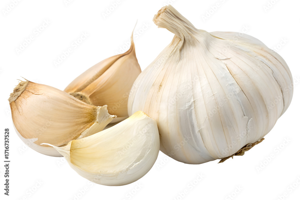 Obraz premium Fresh Garlic Bulbs and Cloves Isolated on White Background - A Staple Ingredient for Cooking and Culinary Delights