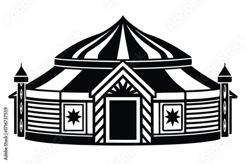 Striking Black and White Illustration of an Ornate TentLike Building with Star Motifs