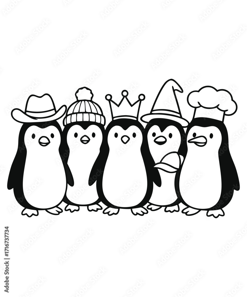 Obraz premium A black and white coloring page featuring adorable penguins delivering letters (with hearts on them) to a polar bear