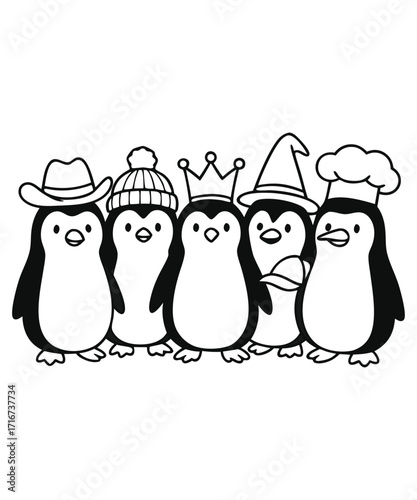 A black and white coloring page featuring adorable penguins delivering letters (with hearts on them) to a polar bear