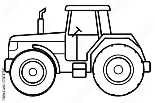 Simple Line Drawing of Farm Tractor with Cabin, Exhaust, and Large Tires