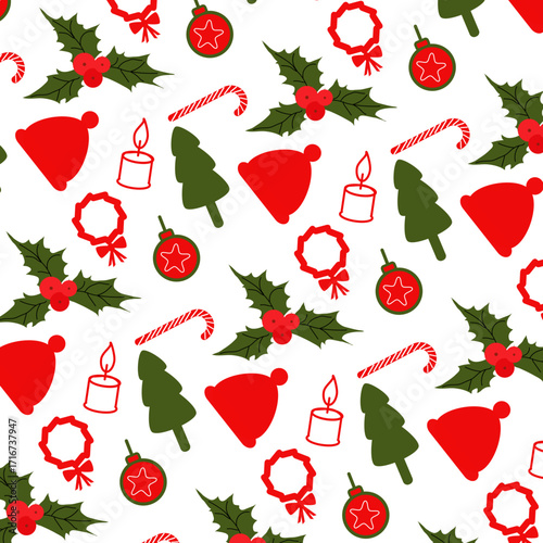 Pattern con icone natalizie rosse e verdi 