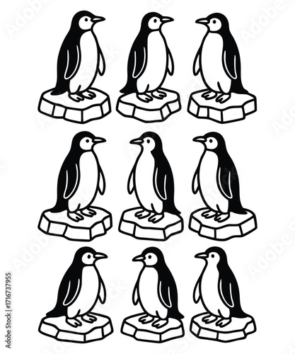 A black and white coloring page featuring adorable penguins delivering letters (with hearts on them) to a polar bear