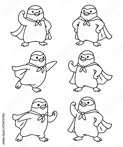 A black and white coloring page featuring adorable penguins delivering letters (with hearts on them) to a polar bear