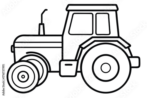 Simple Line Drawing Illustration of a Tractor with Big Rear Wheels and Cab