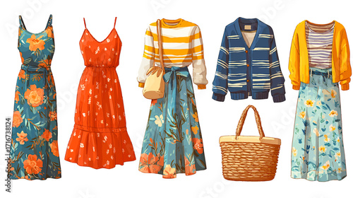 Cartoon vector Fashion casual women clothes set. Red and blue summer dresses, floral skirt and tank top with stripes, woven bag and cardigan, comfortable style apparel collection cartoon vector 