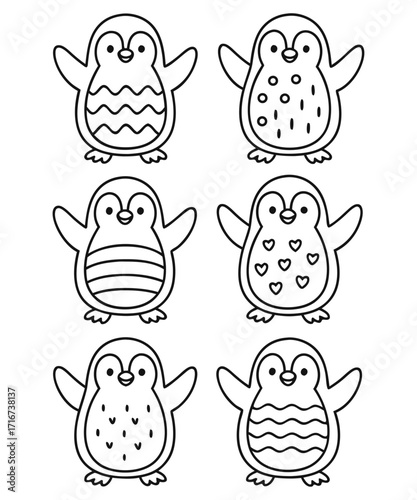 A black and white coloring page featuring adorable penguins delivering letters (with hearts on them) to a polar bear